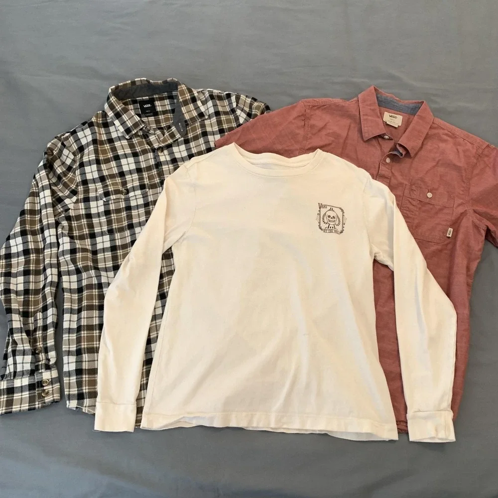 Vans Shirt Mens Small Red Chambray Short‎ Sleeve Button Front Classic Casual